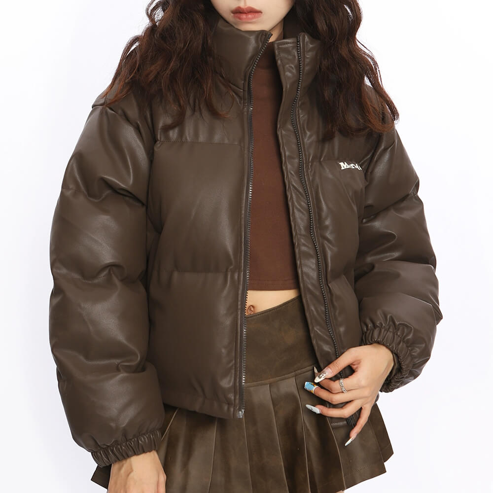 BROWN PUFFER JACKET: CHOCOLATE BROWN PUFFER