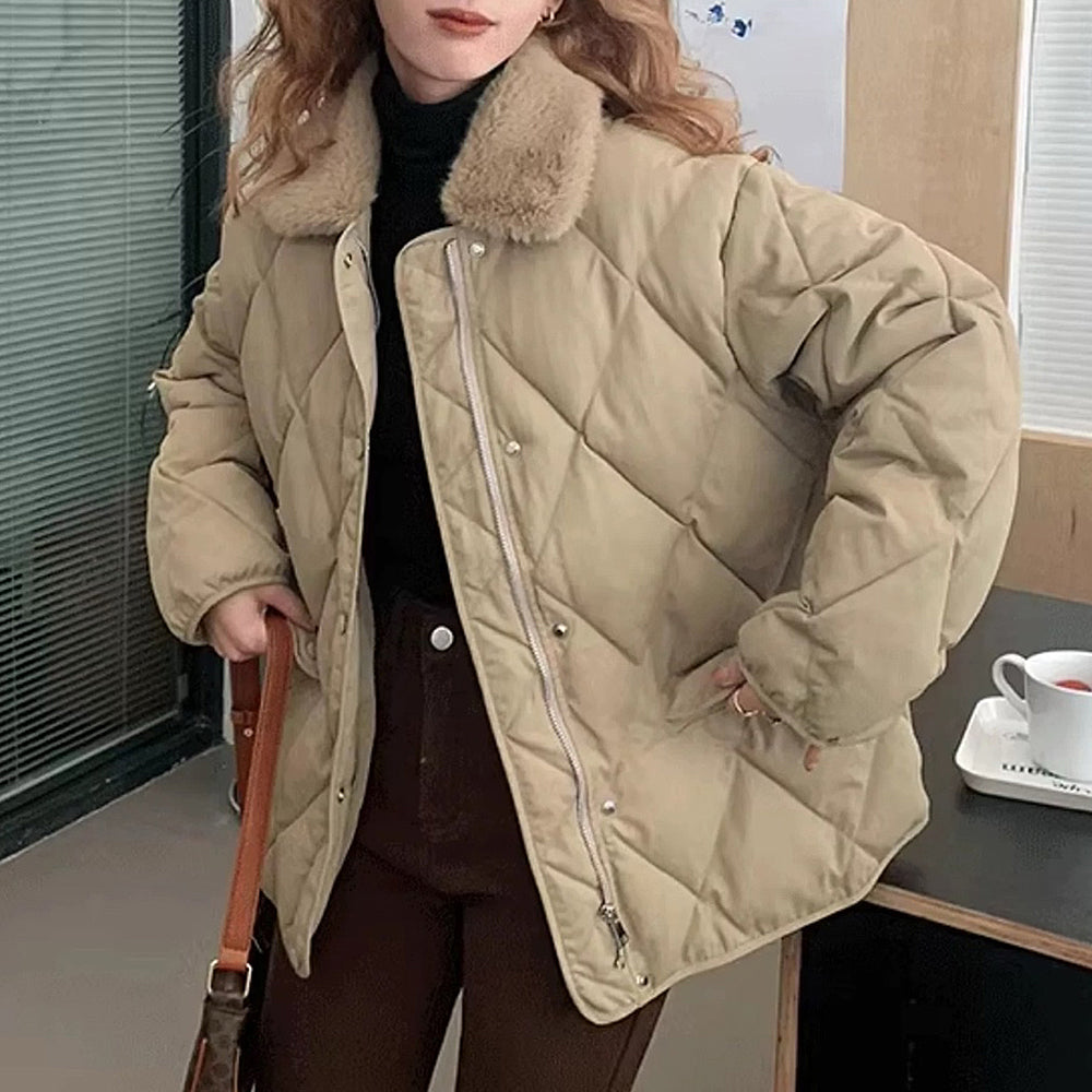 BROWN QUILTED JACKET WITH FAUX FUR COLLAR