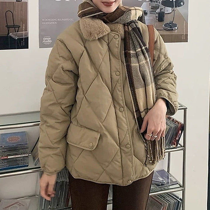 BROWN QUILTED JACKET WITH FAUX FUR COLLAR