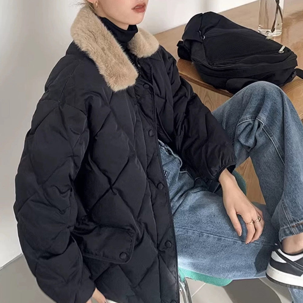 BROWN QUILTED JACKET WITH FAUX FUR COLLAR