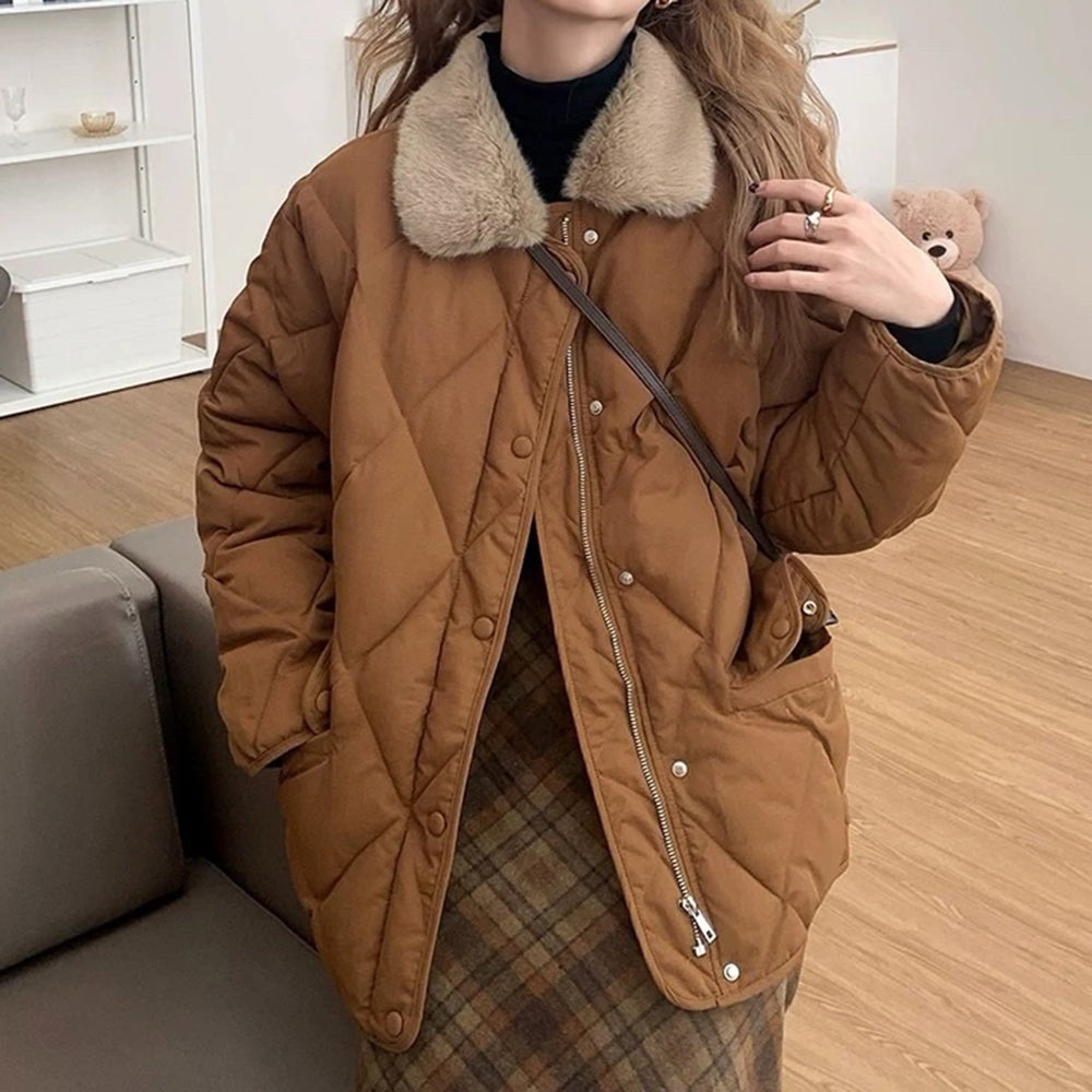 BROWN QUILTED JACKET WITH FAUX FUR COLLAR