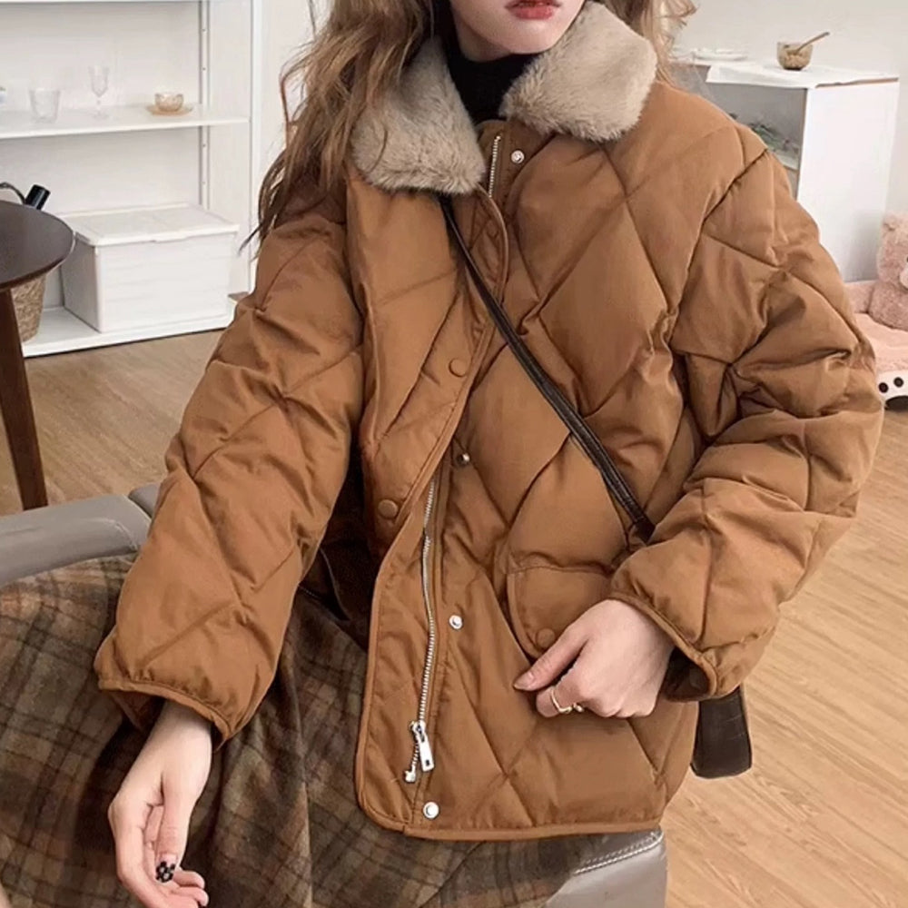 BROWN QUILTED JACKET WITH FAUX FUR COLLAR