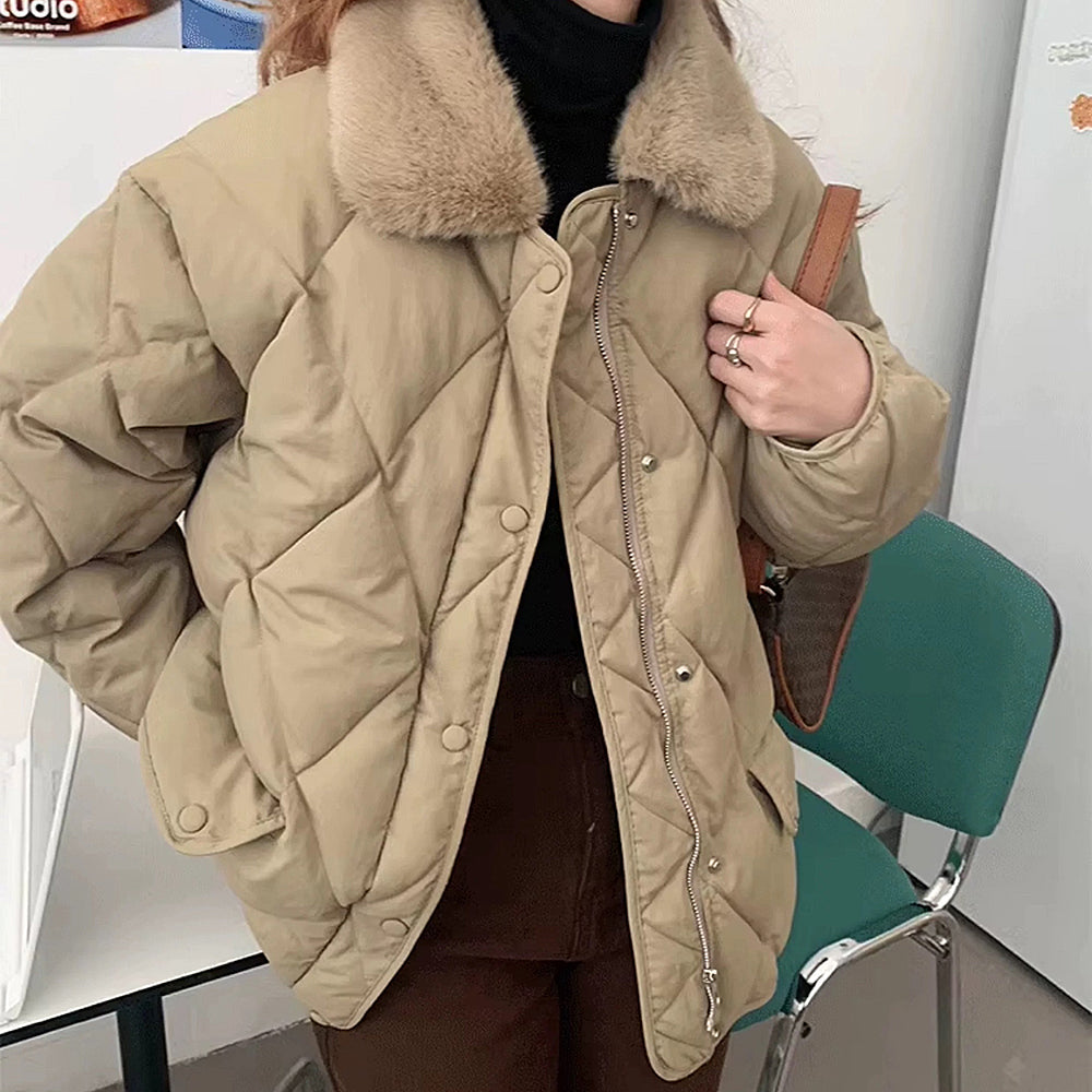 BROWN QUILTED JACKET WITH FAUX FUR COLLAR