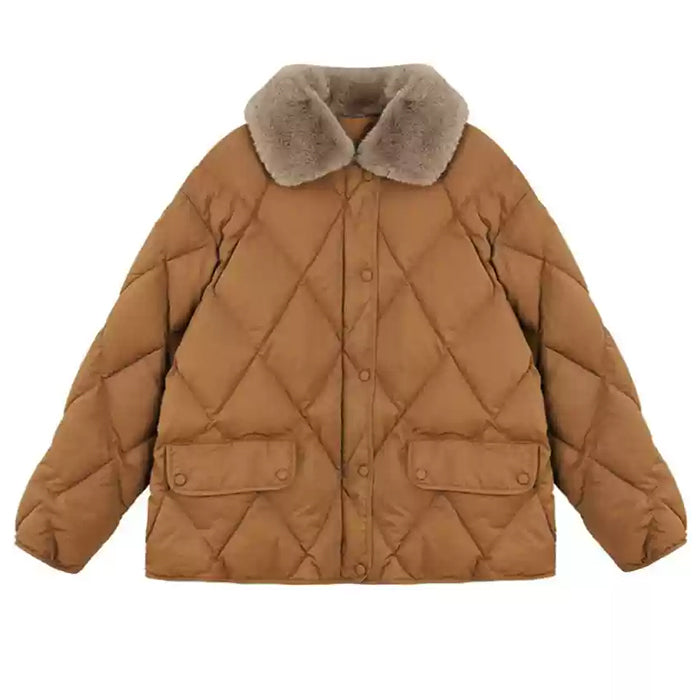 BROWN QUILTED JACKET WITH FAUX FUR COLLAR