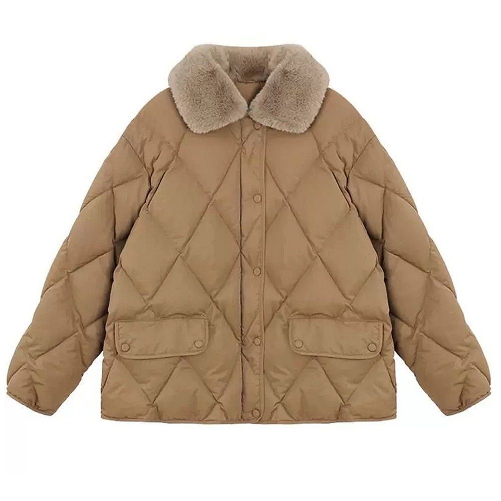 BROWN QUILTED JACKET WITH FAUX FUR COLLAR