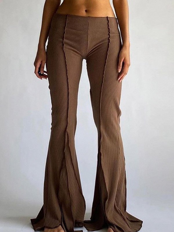 BROWN RIBBED FLARE PANTS BROWN VINTAGE FLARED STYLE