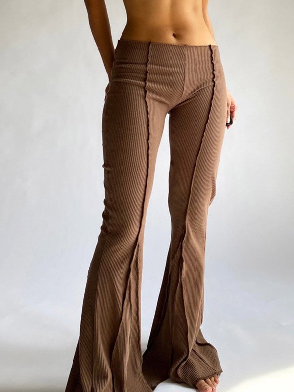 BROWN RIBBED FLARE PANTS BROWN VINTAGE FLARED STYLE