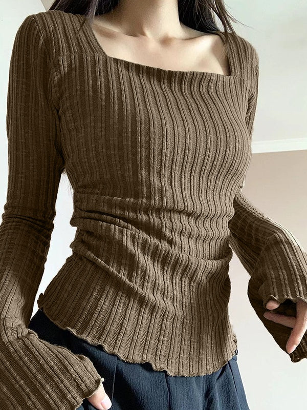 BROWN RIBBED KNIT TOP WITH SQUARE NECKLINE AND SLIM FIT