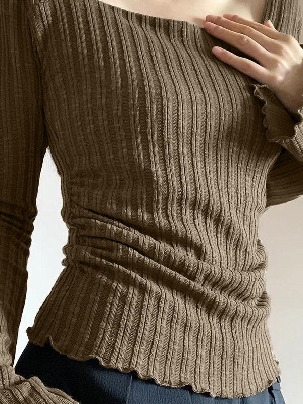BROWN RIBBED KNIT TOP WITH SQUARE NECKLINE AND SLIM FIT