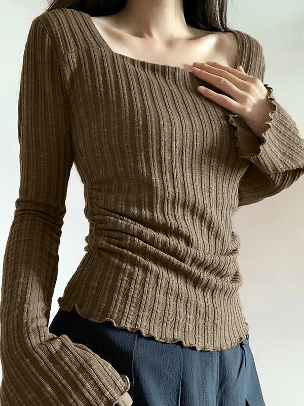 BROWN RIBBED KNIT TOP WITH SQUARE NECKLINE AND SLIM FIT