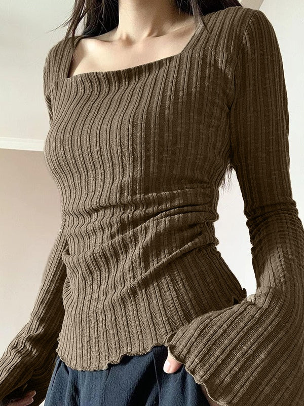 BROWN RIBBED KNIT TOP WITH SQUARE NECKLINE AND SLIM FIT