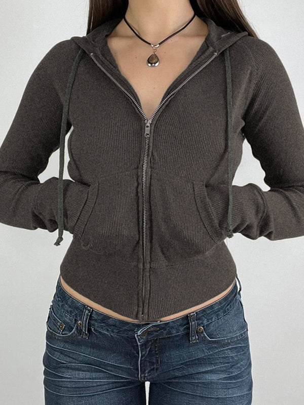 BROWN RIBBED ZIP-UP HOODIE FOR VERSATILE PREPPY STYLES