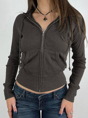 BROWN RIBBED ZIP-UP HOODIE FOR VERSATILE PREPPY STYLES