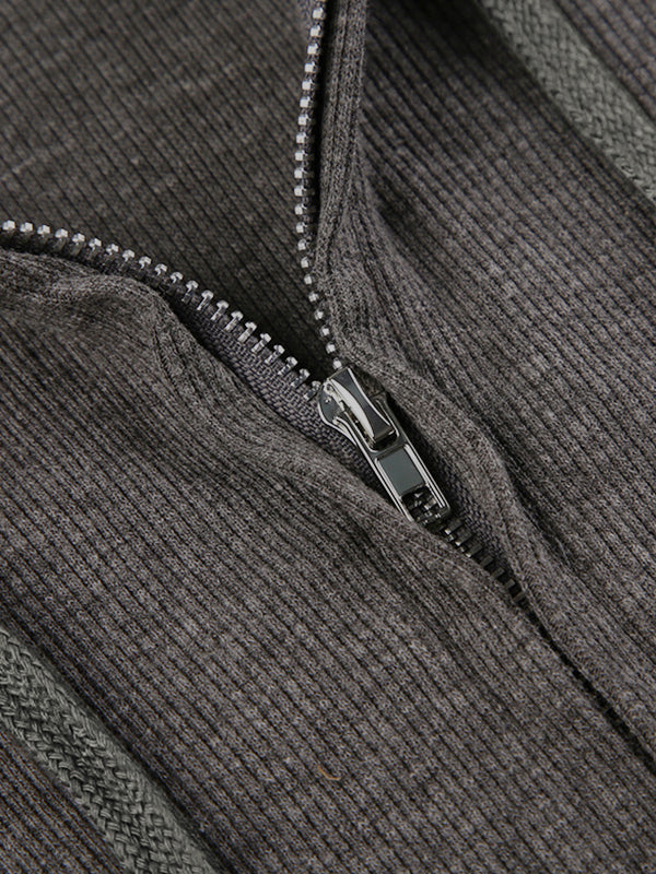 BROWN RIBBED ZIP-UP HOODIE FOR VERSATILE PREPPY STYLES