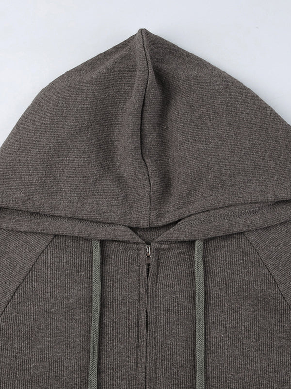 BROWN RIBBED ZIP-UP HOODIE FOR VERSATILE PREPPY STYLES