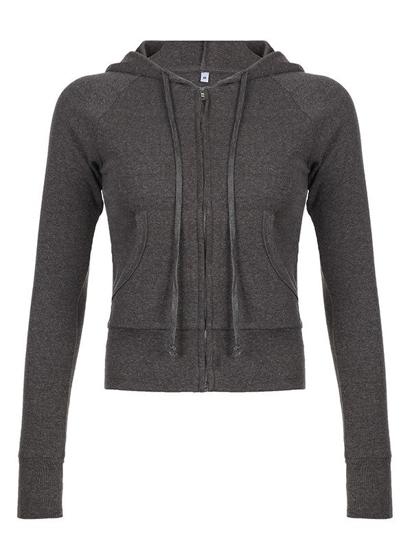 BROWN RIBBED ZIP-UP HOODIE FOR VERSATILE PREPPY STYLES