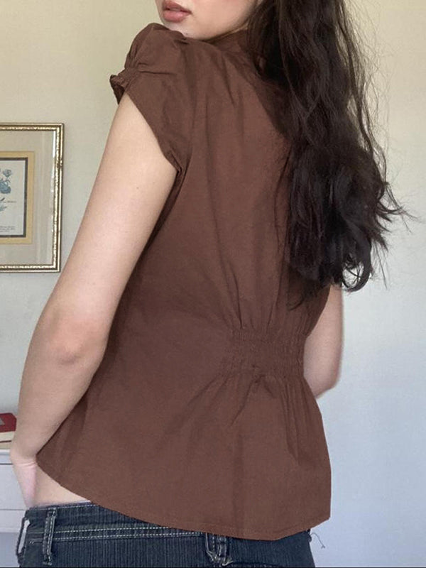 BROWN SHORT-SLEEVED BUTTON-DOWN SHIRT SLIM FIT VINTAGE CASUAL