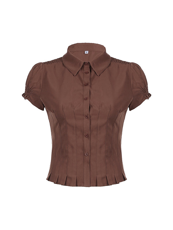 BROWN SHORT-SLEEVED BUTTON-DOWN SHIRT SLIM FIT VINTAGE CASUAL