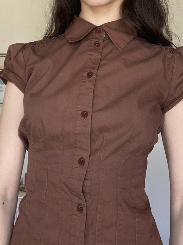 BROWN SHORT-SLEEVED BUTTON-DOWN SHIRT SLIM FIT VINTAGE CASUAL