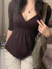BROWN SLIM FIT V-NECK TOP FOR Y2K FASHION ENTHUSIASTS