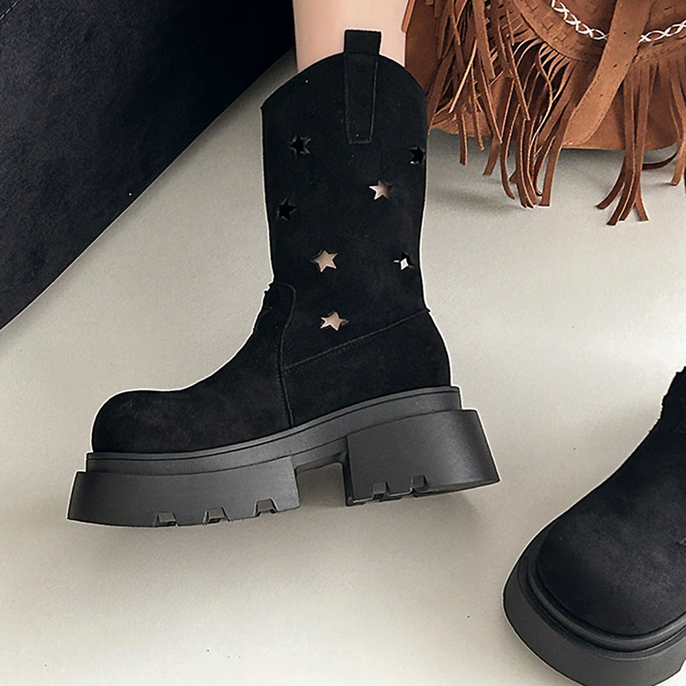 BROWN STAR PLATFORM BOOTS WESTERN-INSPIRED DESIGN