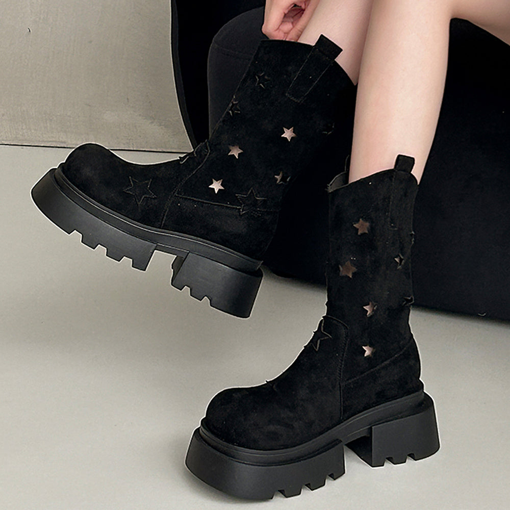 BROWN STAR PLATFORM BOOTS WESTERN-INSPIRED DESIGN