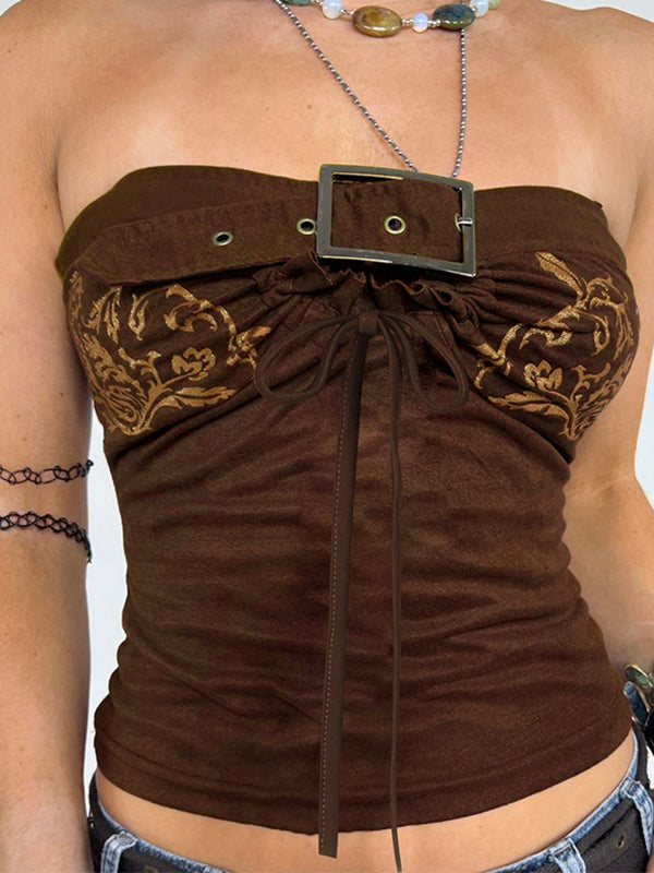 BROWN STRAPLESS TOP WITH GOLD FLORAL ACCENTS CASUAL LOOSE FIT