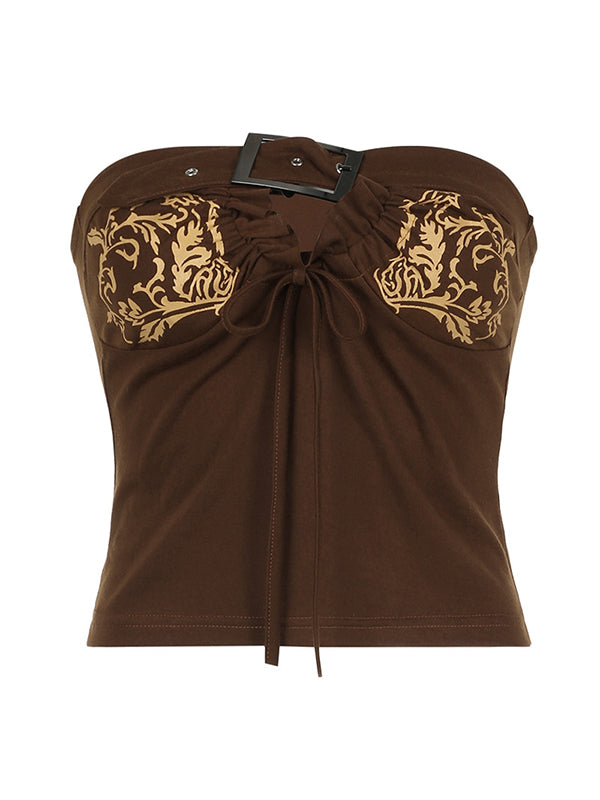 BROWN STRAPLESS TOP WITH GOLD FLORAL ACCENTS CASUAL LOOSE FIT