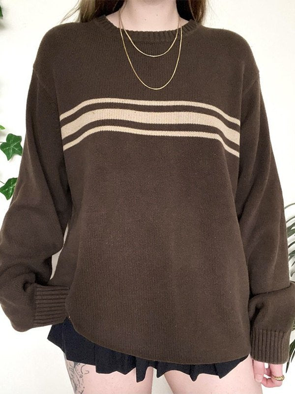 BROWN STRIPED KNIT SWEATER LOOSE FIT Y2K STYLE