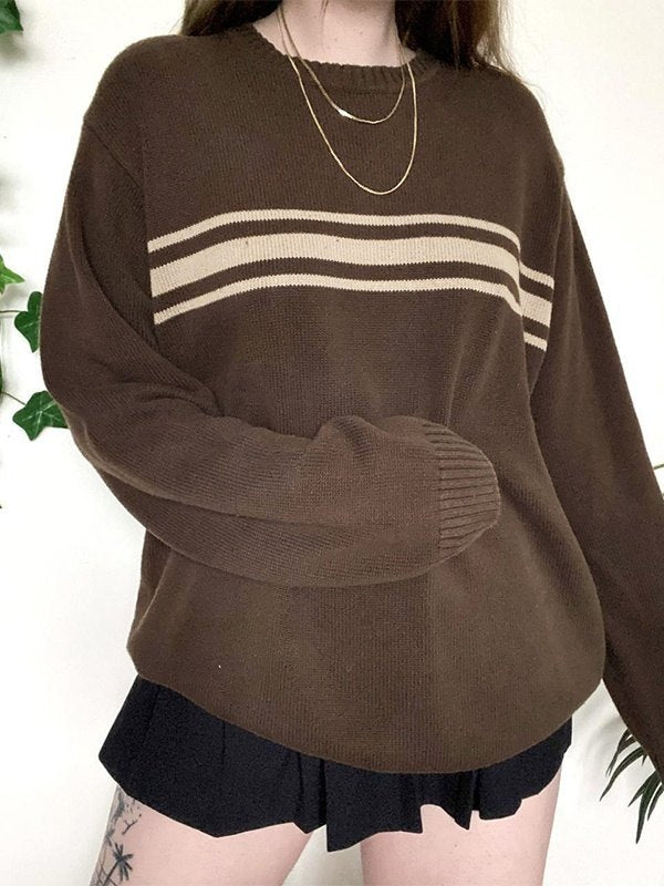 BROWN STRIPED KNIT SWEATER LOOSE FIT Y2K STYLE