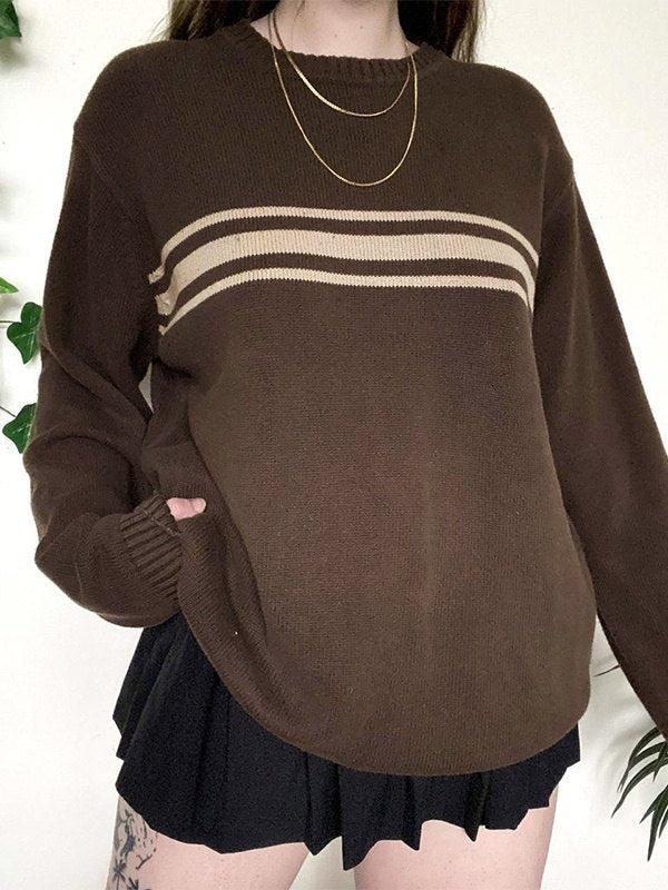 BROWN STRIPED KNIT SWEATER LOOSE FIT Y2K STYLE
