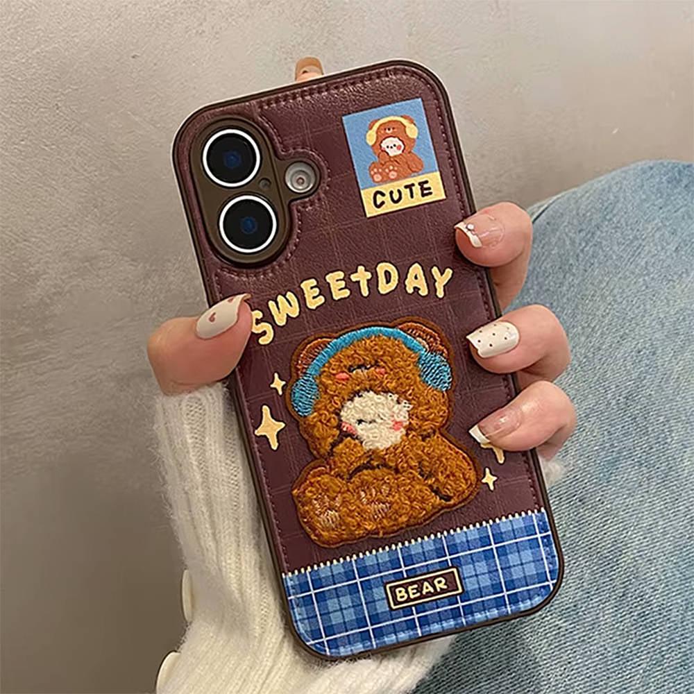 BROWN TEDDY BEAR EMBROIDERY IPHONE CASE