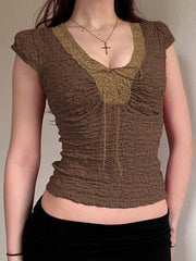 BROWN TEXTURED SHORT SLEEVE TOP WITH LACE TRIM - CASUAL SHORT SLEEVE