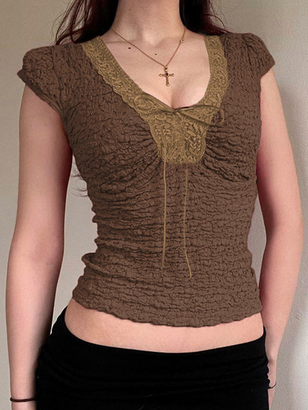 BROWN TEXTURED SHORT SLEEVE TOP WITH LACE TRIM - CASUAL SHORT SLEEVE