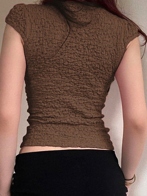 BROWN TEXTURED SHORT SLEEVE TOP WITH LACE TRIM - CASUAL SHORT SLEEVE