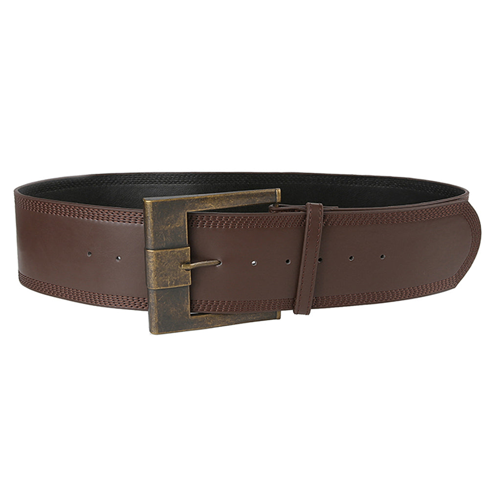BROWN VEGAN LEATHER BELT WITH BRASS BUCKLE