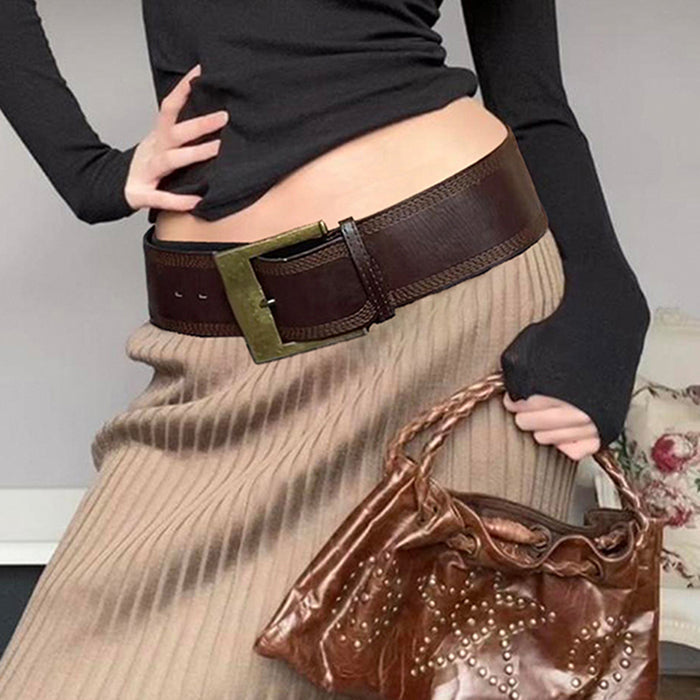 BROWN VEGAN LEATHER BELT WITH BRASS BUCKLE