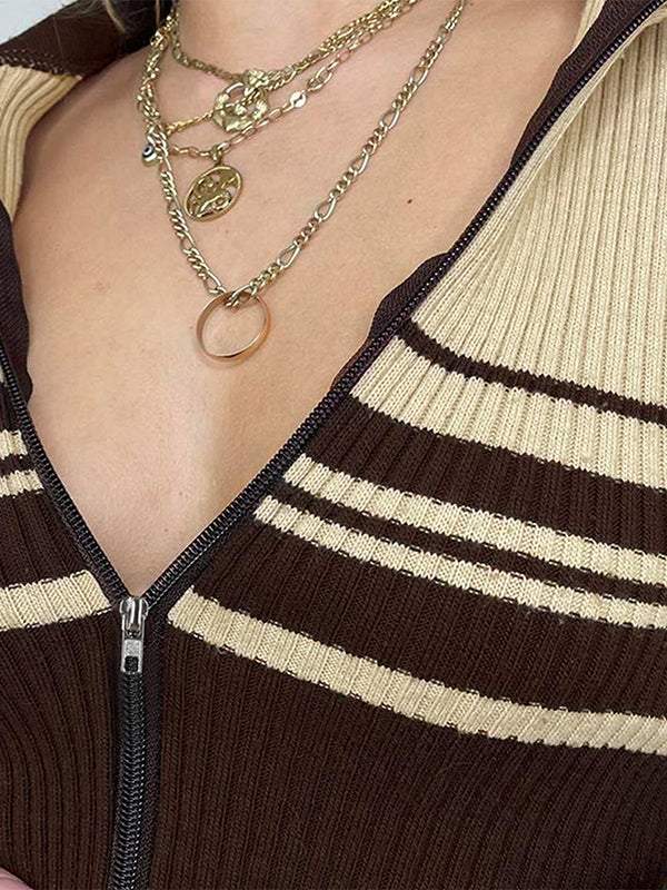 BROWN VINTAGE STRIPED ZIP-UP SWEATER