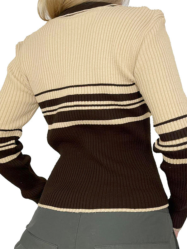 BROWN VINTAGE STRIPED ZIP-UP SWEATER