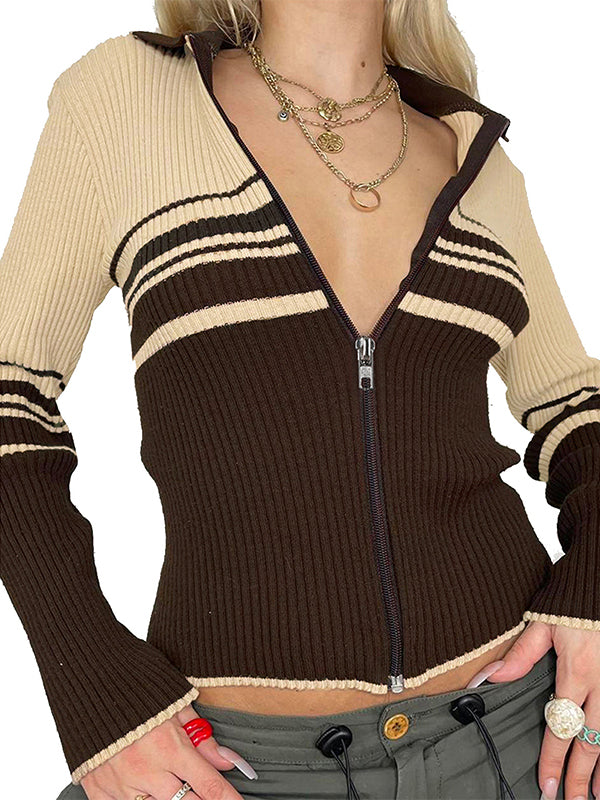 BROWN VINTAGE STRIPED ZIP-UP SWEATER