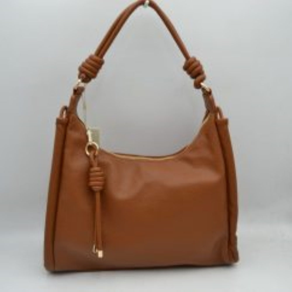 Slouchy Hobo Shoulder Bag with Knotted Strap Details and Gold-Tone Zipper Hardware