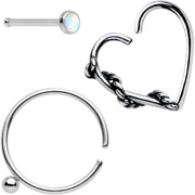 20G White Faux Opal Nose Bone Heart Closure Ring Pack Set of 3