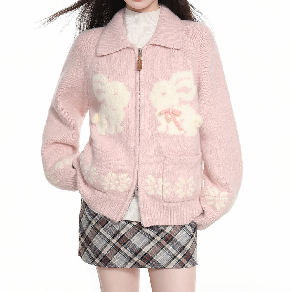 BUNNY SNOWFLAKE CARDIGAN ADORABLE BUNNY CHARMING PINK KNIT