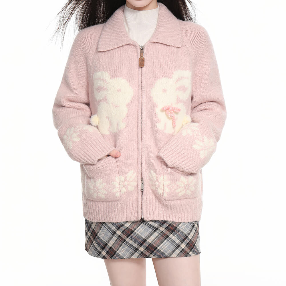 BUNNY SNOWFLAKE CARDIGAN ADORABLE BUNNY CHARMING PINK KNIT