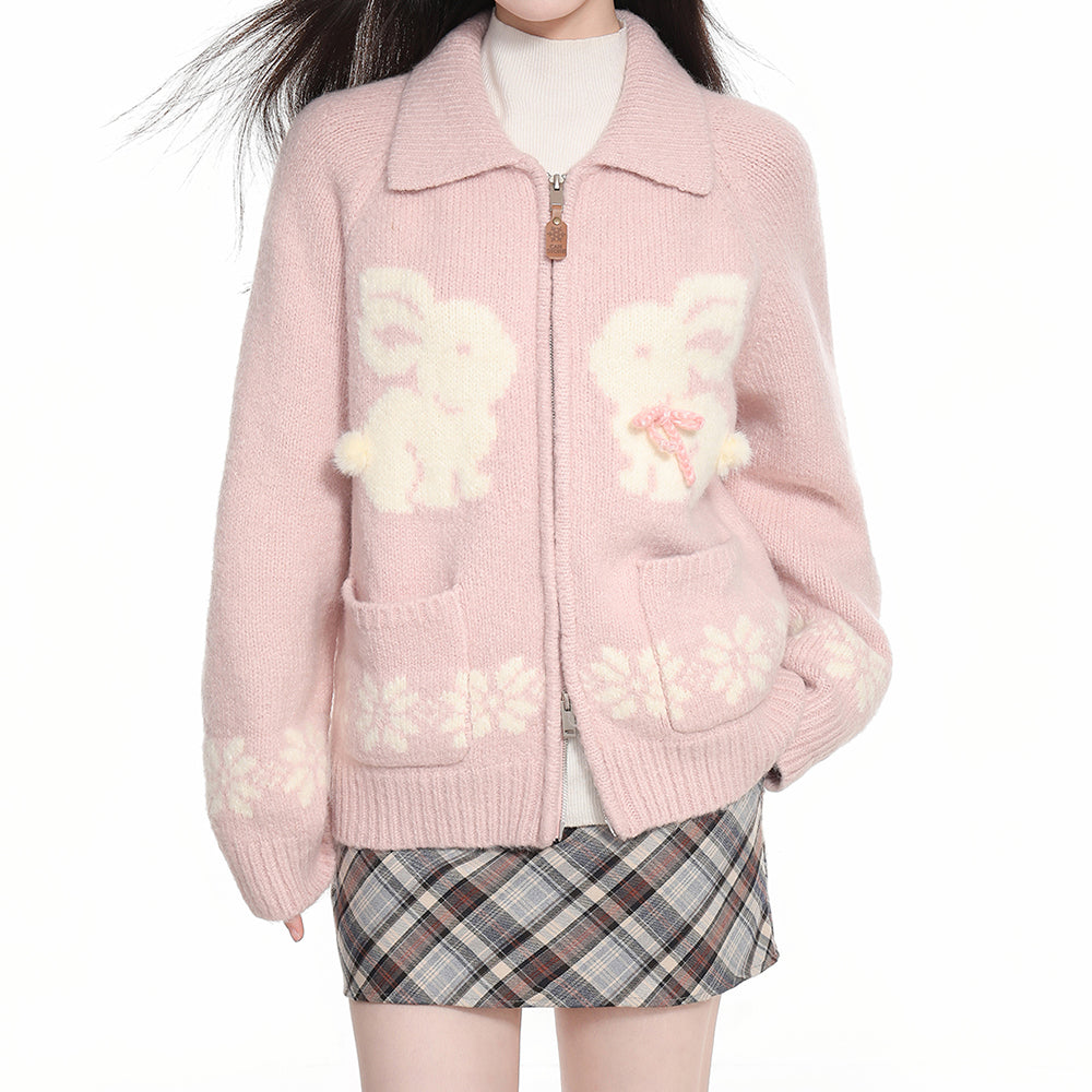 BUNNY SNOWFLAKE CARDIGAN ADORABLE BUNNY CHARMING PINK KNIT