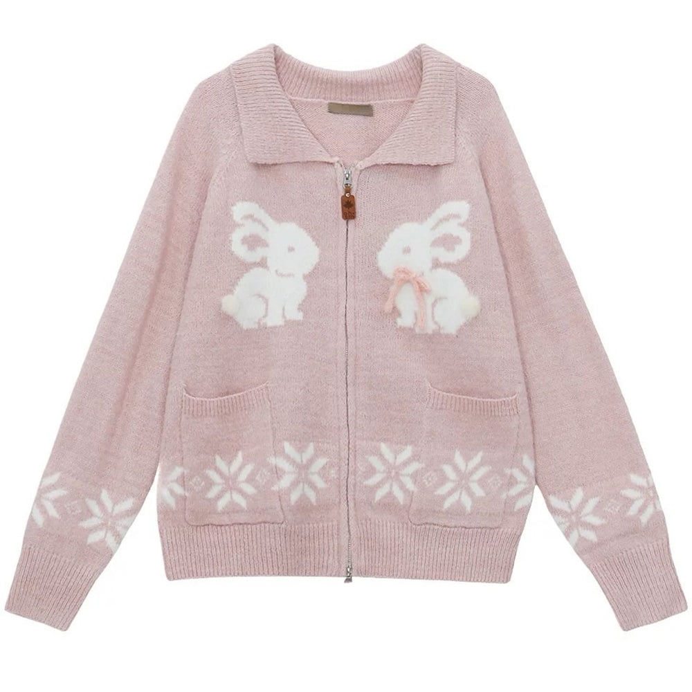 BUNNY SNOWFLAKE CARDIGAN ADORABLE BUNNY CHARMING PINK KNIT