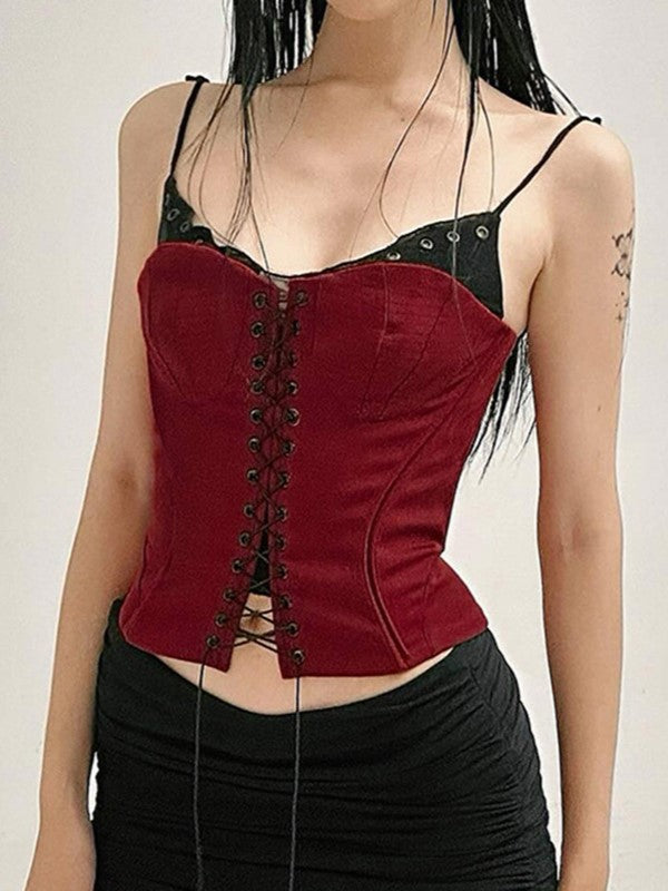 BURGUNDY CORSET-STYLE TOP WITH BLACK LACE TRIM - CONTRAST COLOR VINTAGE