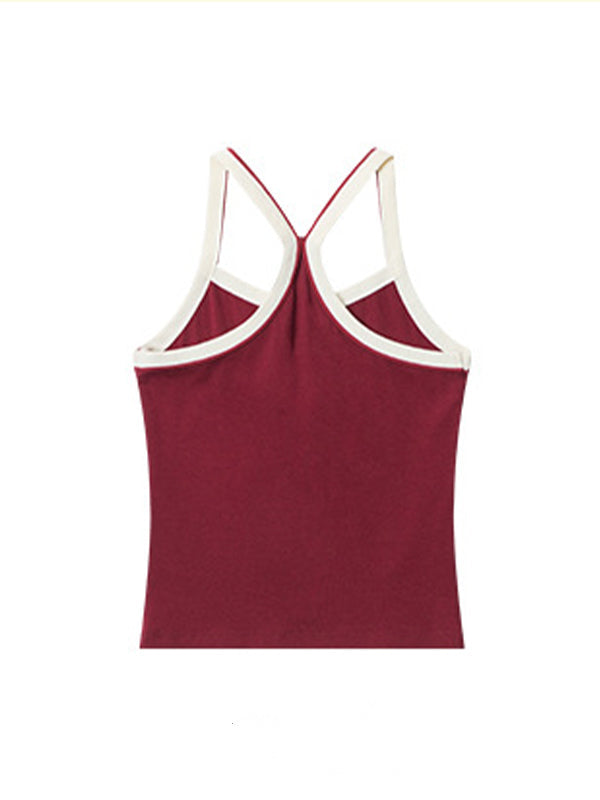 BURGUNDY HALTER TOP WITH CREAM TRIM COMFORTABLE COTTON SLEEVELESS TANK