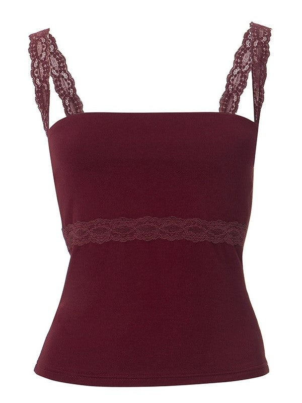 BURGUNDY LACE-TRIMMED TANK TOP WITH DELICATE LACE SQUARE NECKLINE