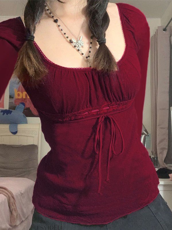 BURGUNDY LONG-SLEEVED PEASANT TOP IN VINTAGE COTTON BLEND